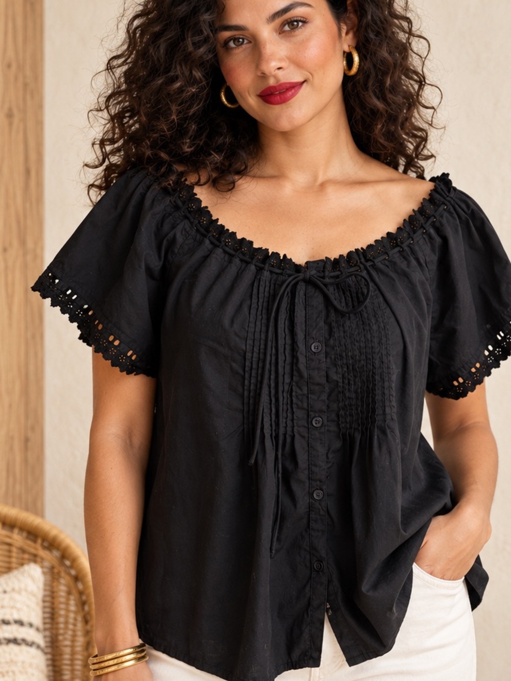 🌸Lucky Brand Black Off-Shoulder Eyelet Peasant Top size L 💯Cotton Boho Resort